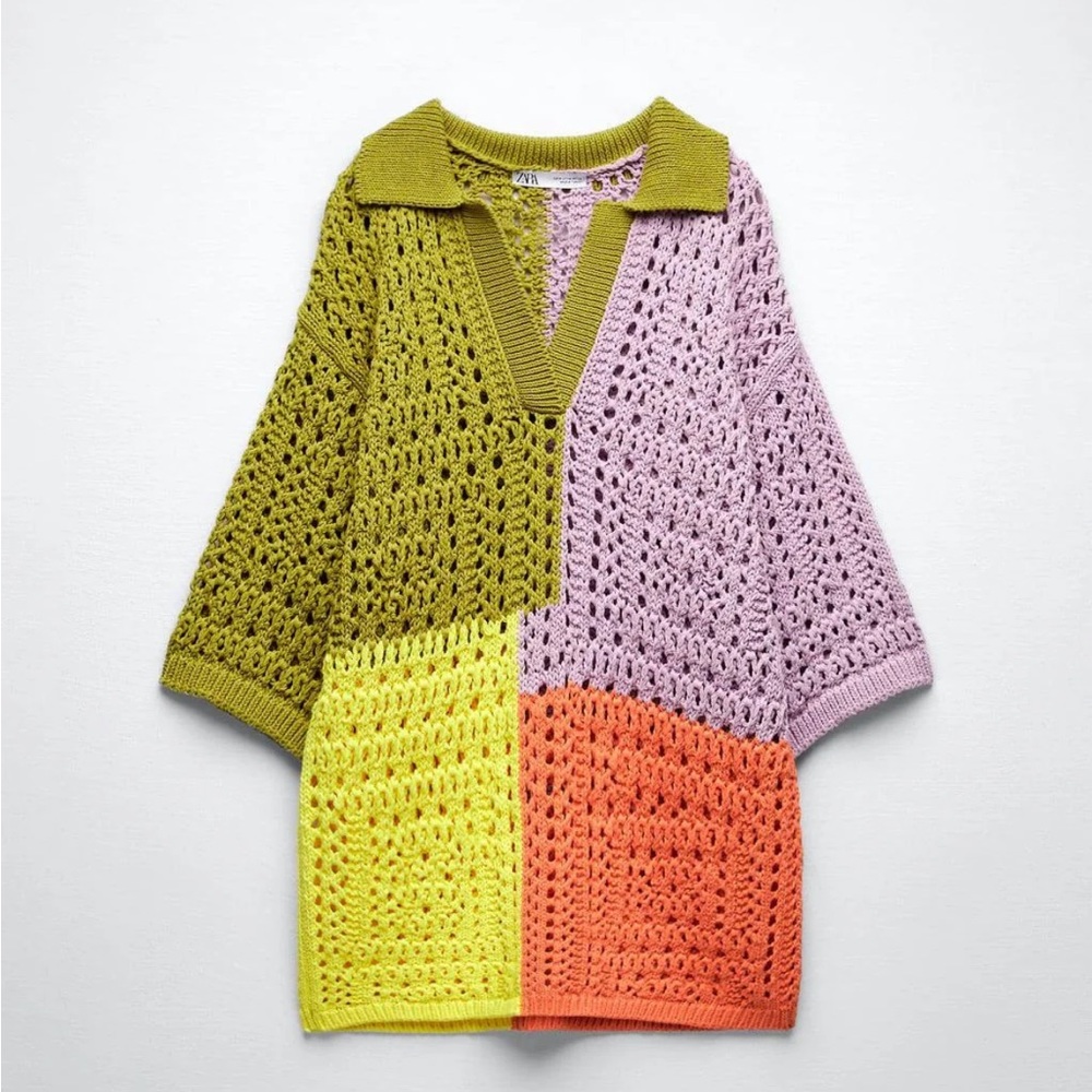 ZARA oversized knit polo sweater shirt color block crotchet rare sold out - Picture 14 of 14